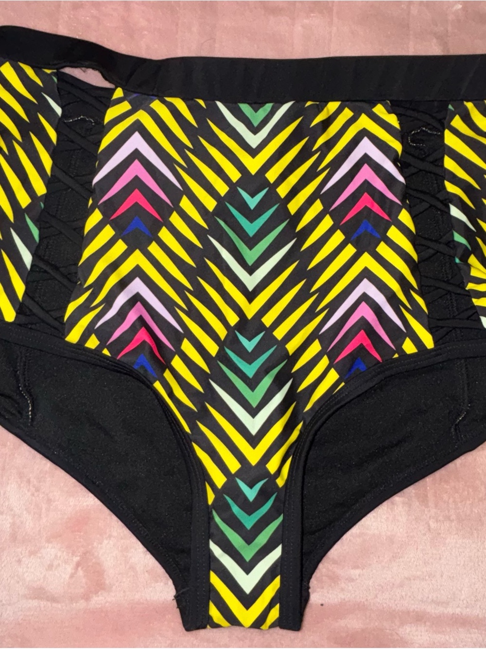 Ashley Stewart Black High-Waist Swim Bottoms with Yellow and Multicolor Chevron